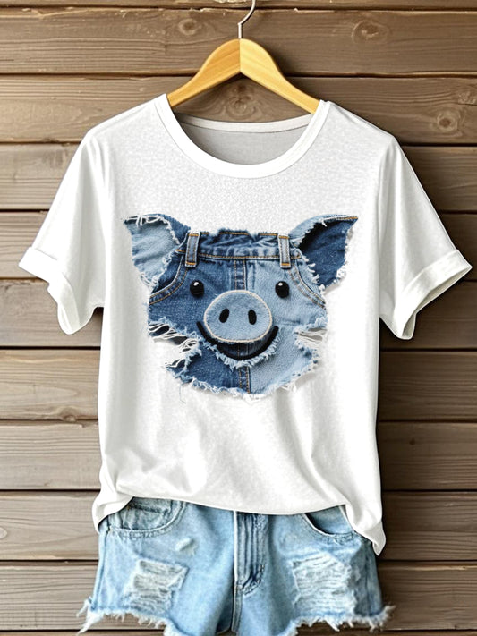 Frauen Lustiges Schwein Patchwork Kunst Kurzarm T-Shirt