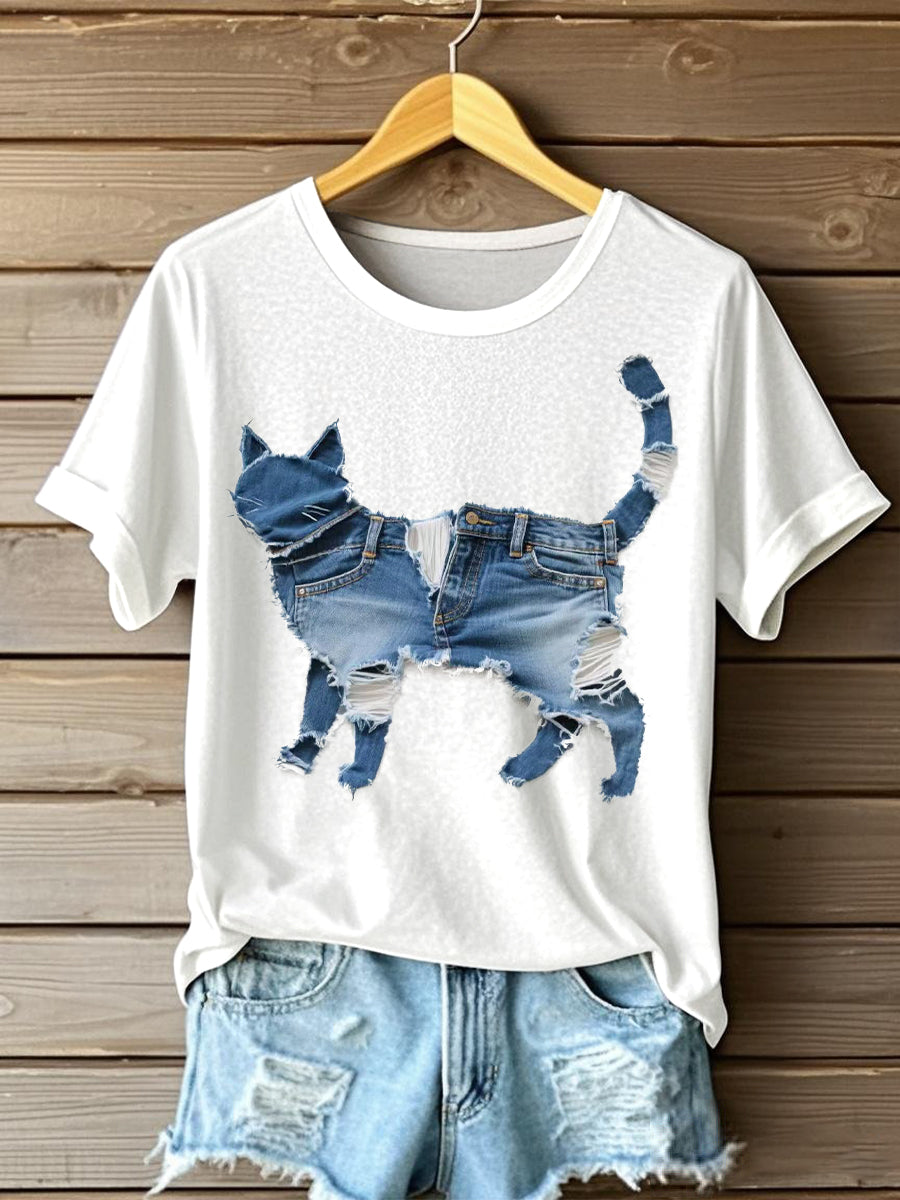 Frauen lustige Katze Patchwork Kunst Kurzarm T-Shirt