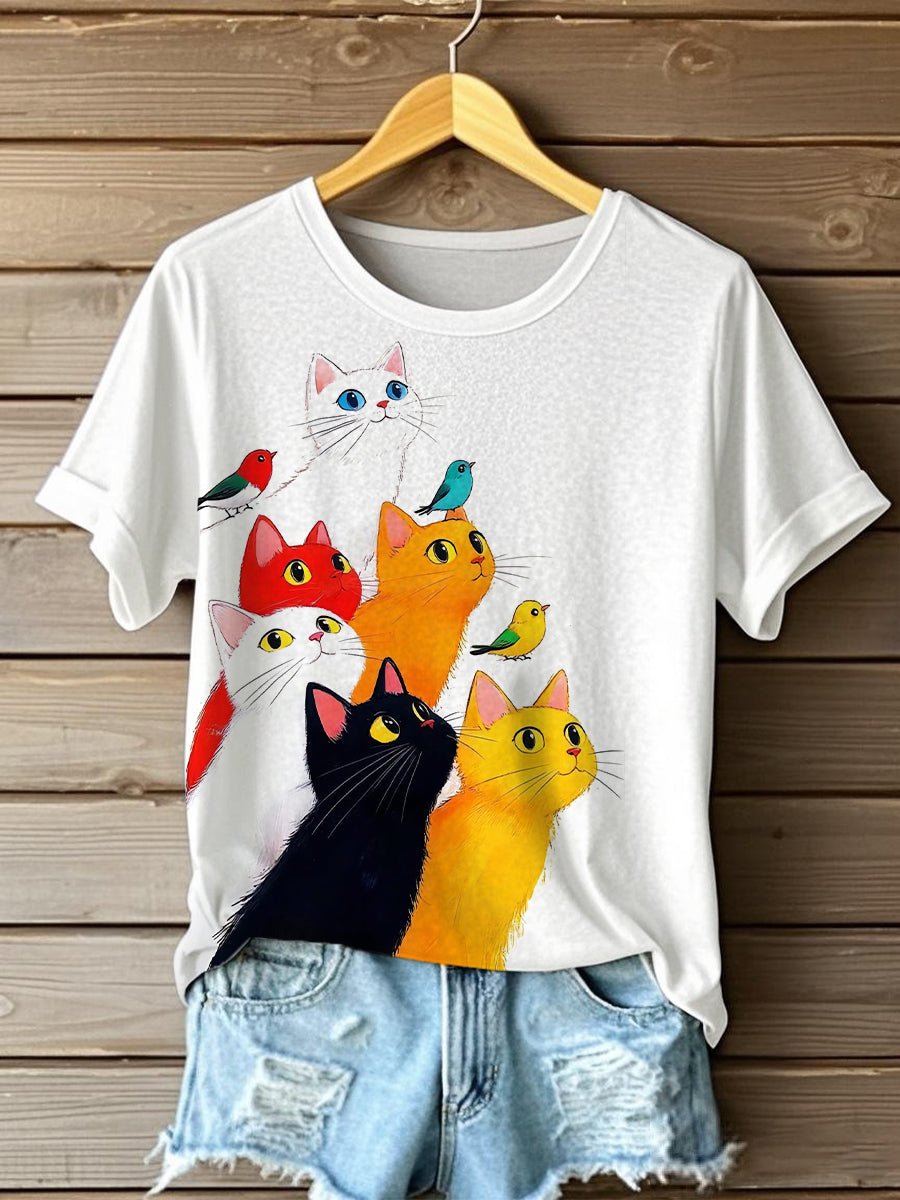 Frauen lustige Katzen Kunstdruck Kurzarm T-Shirt
