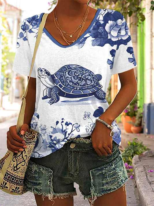 Damen-Floral-Turtle-Print-Lässiges T-Shirt