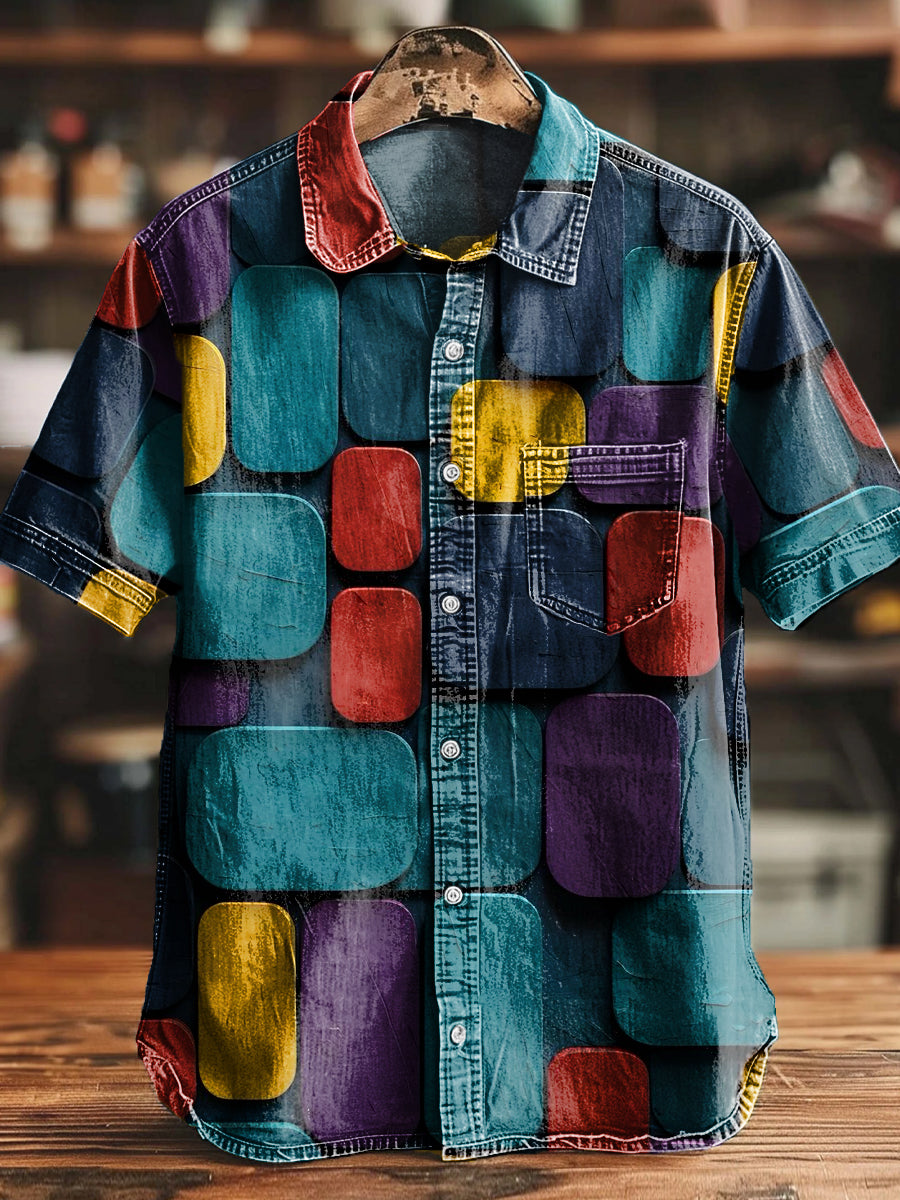 Vintage buntes unregelmäßiges geometrisches Kunstdruck-Freizeit hemd