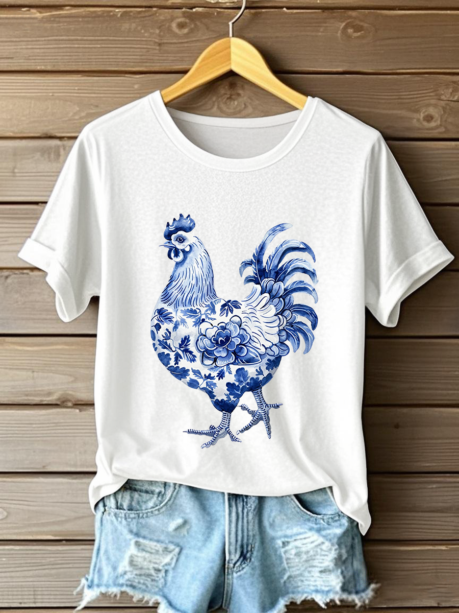 Damen-Blumen-Hähnchen-Print-T-Shirt