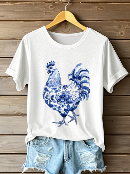 Damen-Blumen-Hähnchen-Print-T-Shirt