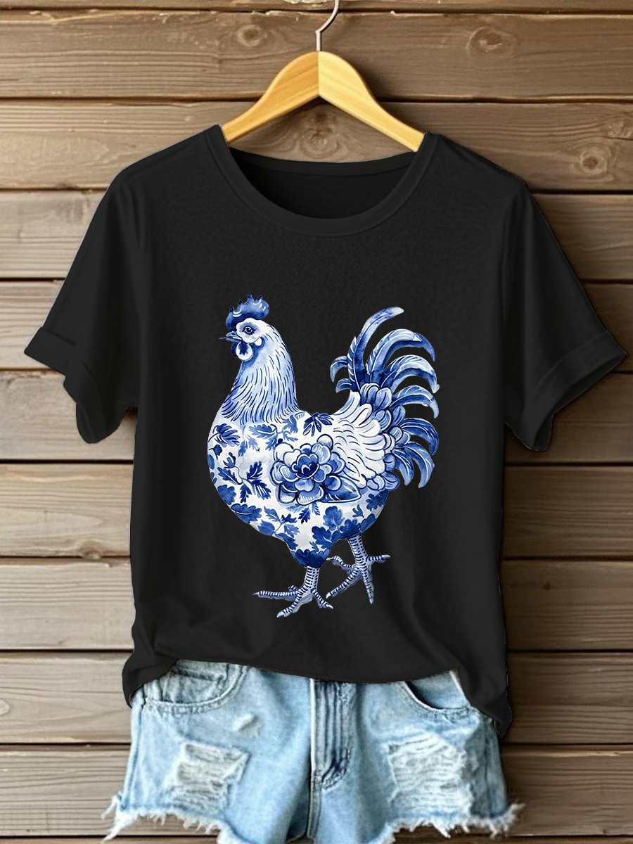 Damen-Blumen-Hähnchen-Print-T-Shirt