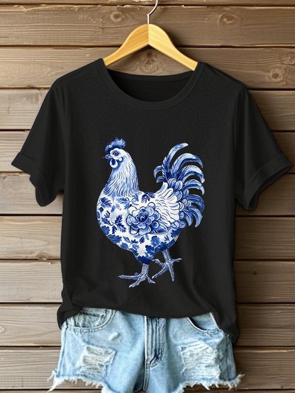 Damen-Blumen-Hähnchen-Print-T-Shirt