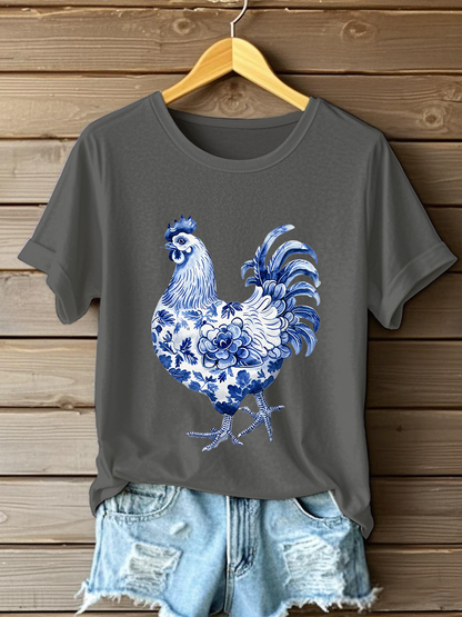 Damen-Blumen-Hähnchen-Print-T-Shirt