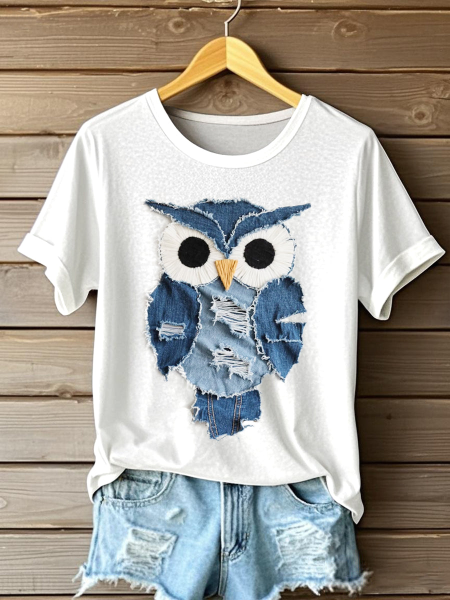 Frauen Eulen muster Patchwork Kunst Kurzarm T-Shirt