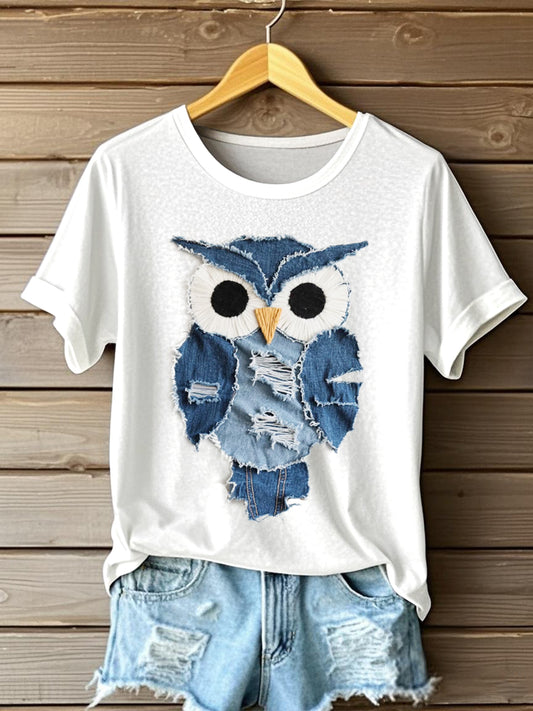 Frauen Eulen muster Patchwork Kunst Kurzarm T-Shirt