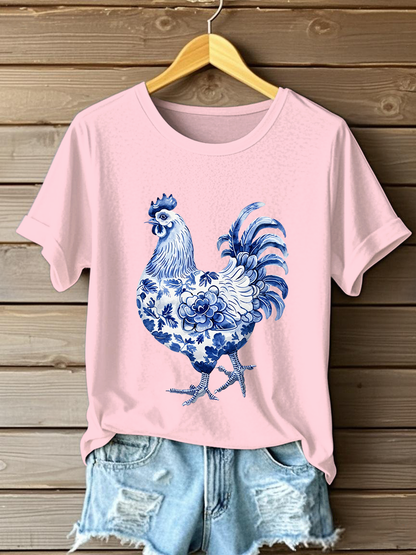 Damen-Blumen-Hähnchen-Print-T-Shirt
