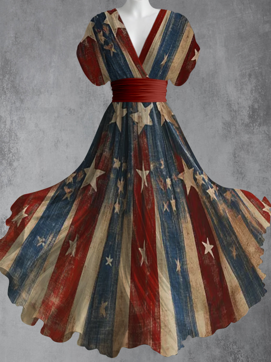 Retro amerikanische Flagge Kunst gedruckt Elegantes V-Ausschnitt Vintage Kurzarm Maxi kleid