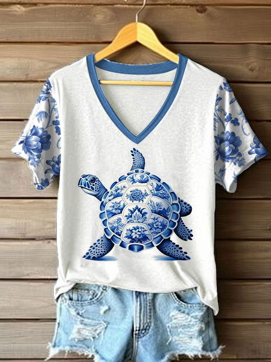 Damen-Floral-Turtle-Print-Lässiges T-Shirt