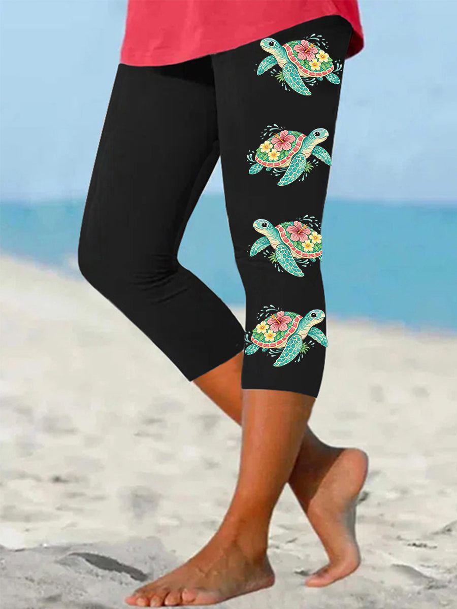 Damen-Blumen-Meeres schildkröten-Druck lässig geschnittene Leggings