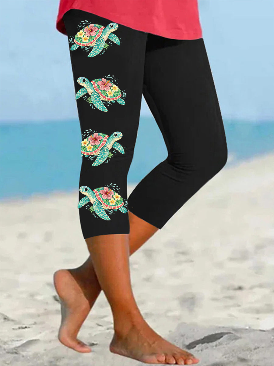 Damen-Blumen-Meeres schildkröten-Druck lässig geschnittene Leggings