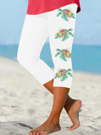 Damen-Blumen-Meeres schildkröten-Druck lässig geschnittene Leggings