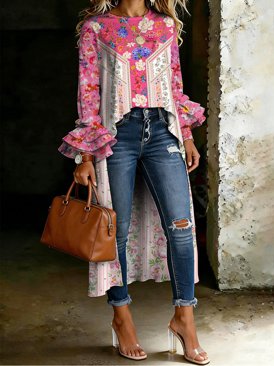 Damen-Shirt mit Blumenmuster und Rüschenärmeln
