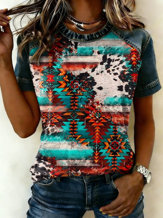 Damen-Western-Druck-Patchwork-Rundhals-T-Shirt mit kurzen Ärmeln