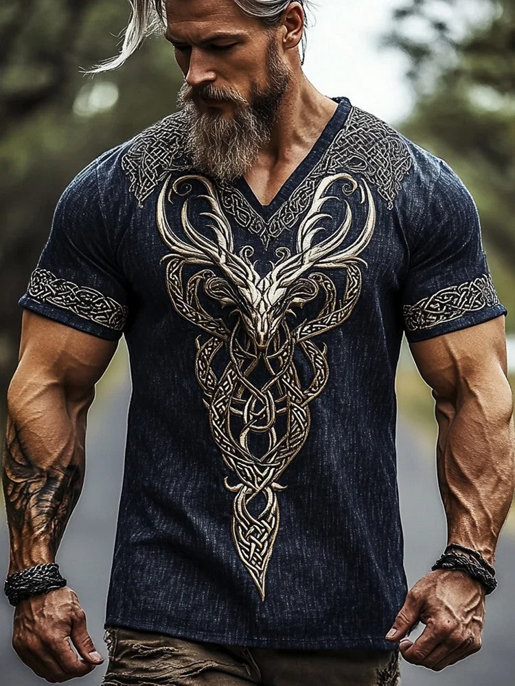 Herren-Viking-Shirt mit V-Ausschnitt und Print
