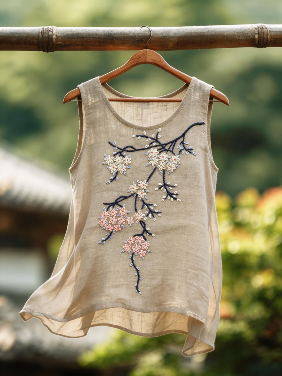 Damen-Oberteil aus Baumwolle und Leinen mit japanischem Kunst-Design und Kirschblütenstickerei