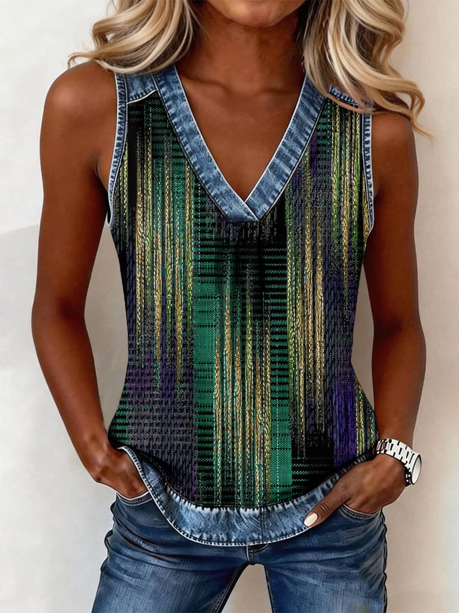 Damen-Abstraktes Kunstprint-Denim-Patchwork-Top