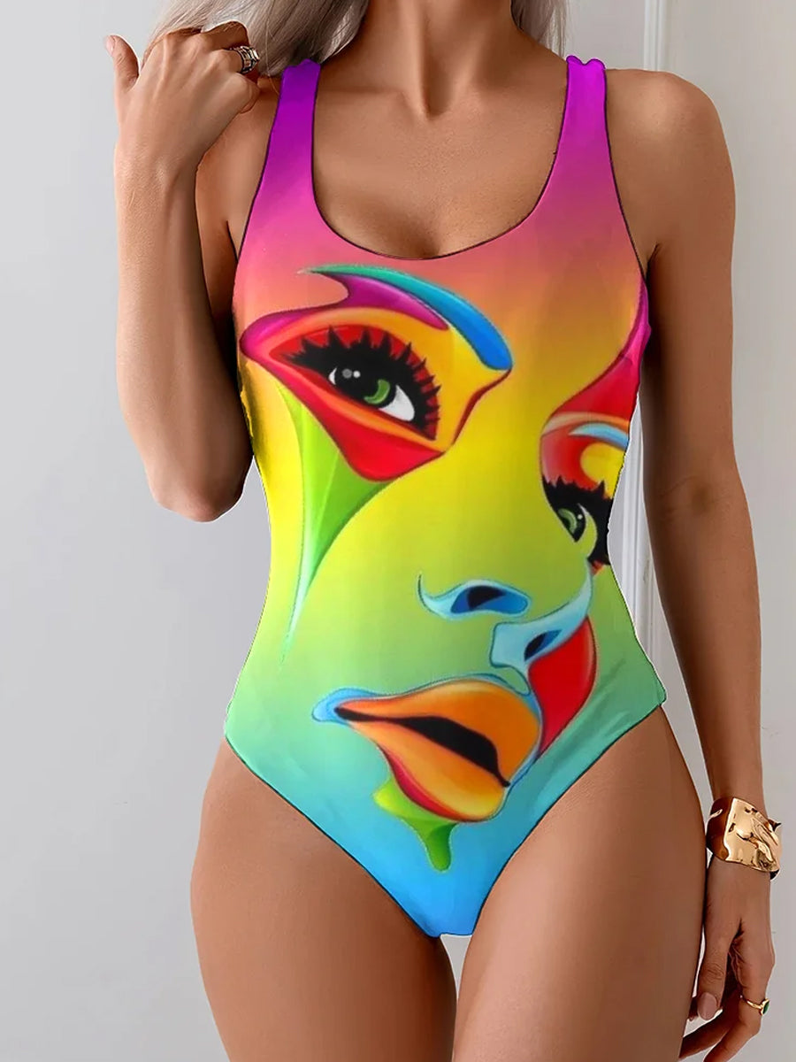 Damen-Retro-Badeanzug mit abstraktem Kunstprint