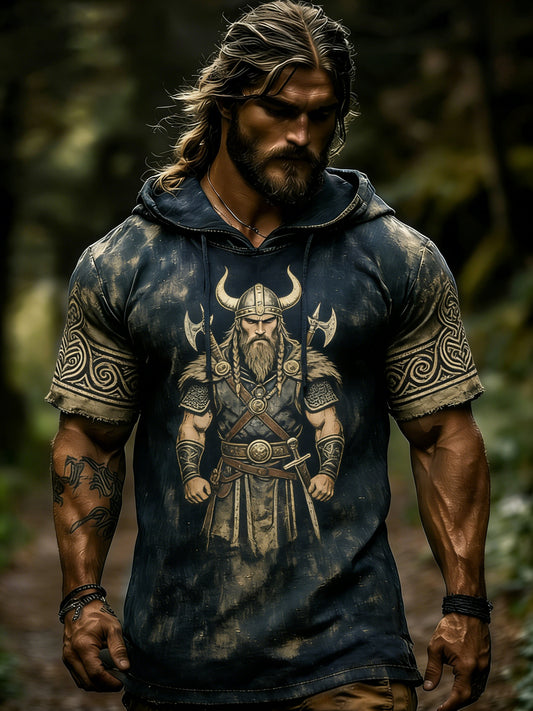 Herren-Kapuzenpullover mit kurzen Ärmeln und Wikinger-Design