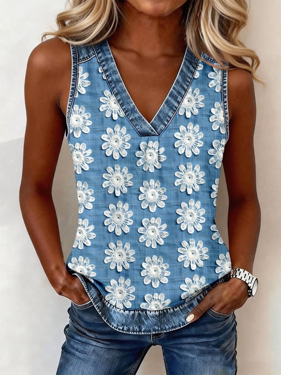 Damen-edles Denim-Patchwork-Top mit floralem Muster