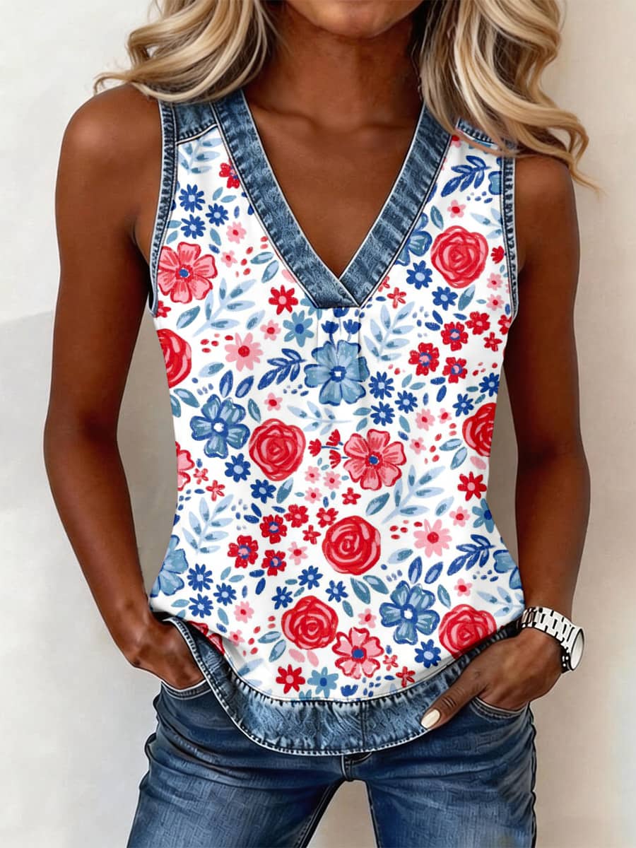 Frauen-Independence-Day-Blumenprint-Denim-Patchwork-Top