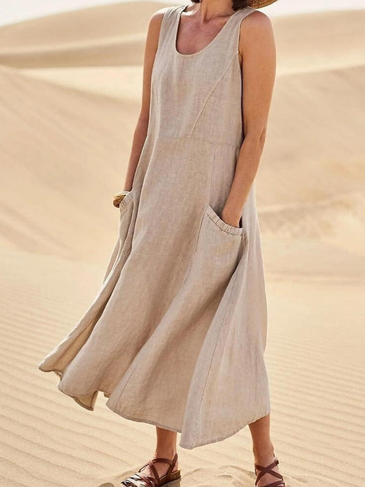 Damen lässiges elegantes ärmelloses Baumwoll-Midi-Kleid