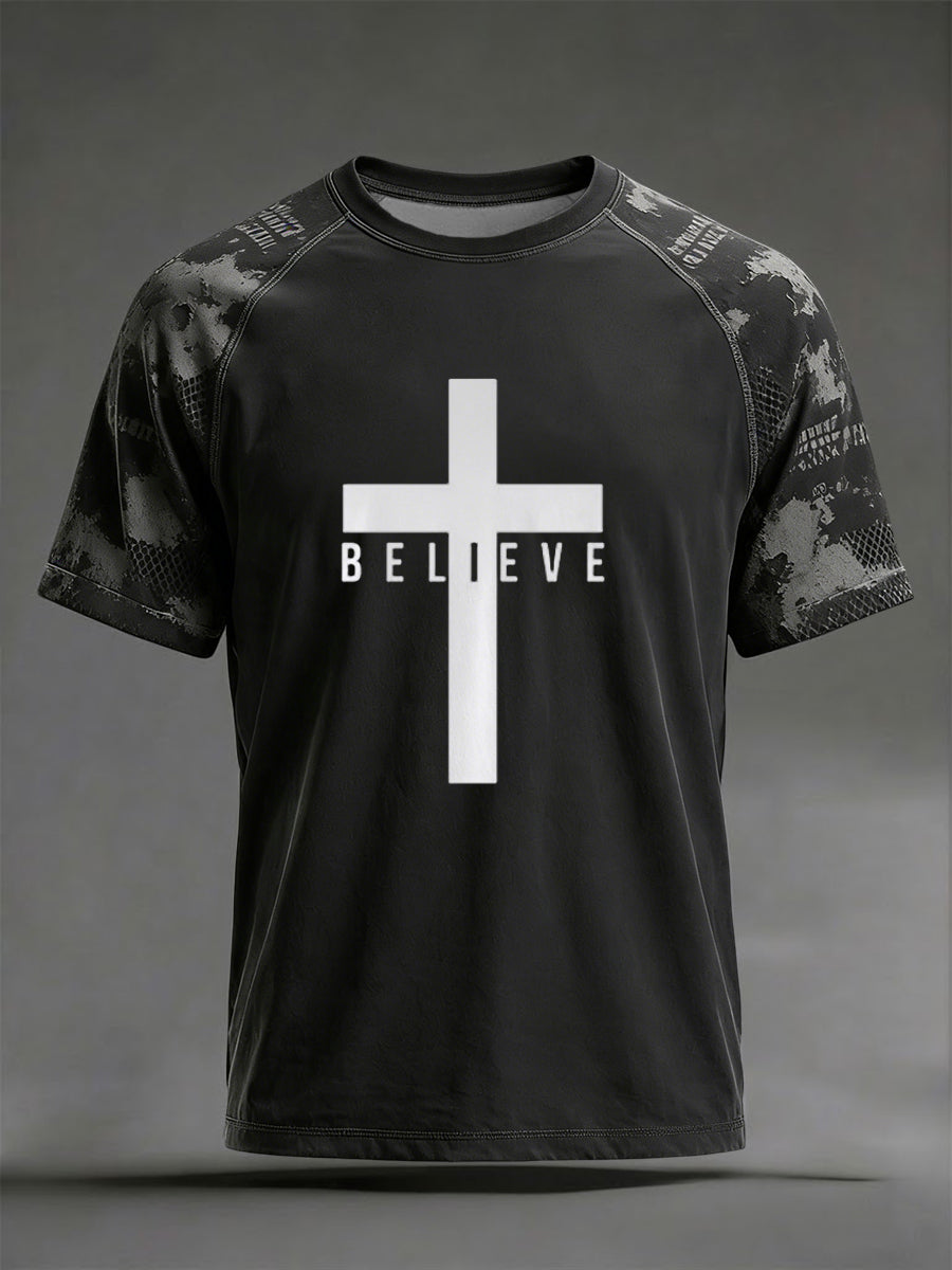 Vintage-Stil Cross-Print-Freizeit-T-Shirt