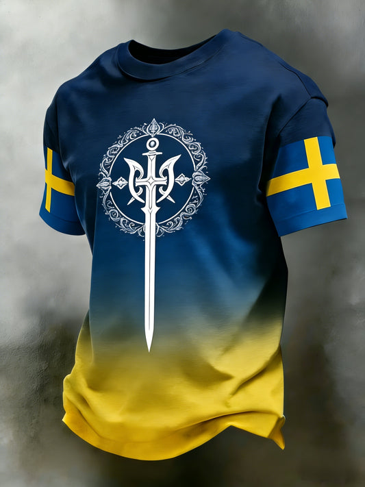 Retro Wikinger Schwedische Flagge Abzeichen Lässige sportliche Kurzarm-T-Shirts