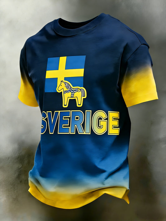 Retro Viking Schwedische Flagge Abzeichen Lässige Sportliche Kurzarm-T-Shirts