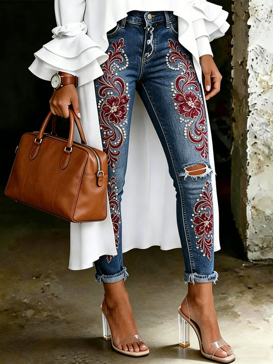 Damen-Jeans mit artistischem Blumenmuster