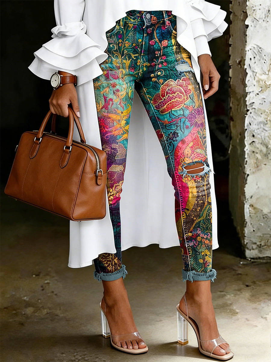Damen-Jeans mit artistischem Blumenmuster