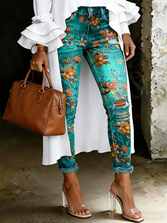 Damen-Jeans mit artistischem Blumenmuster