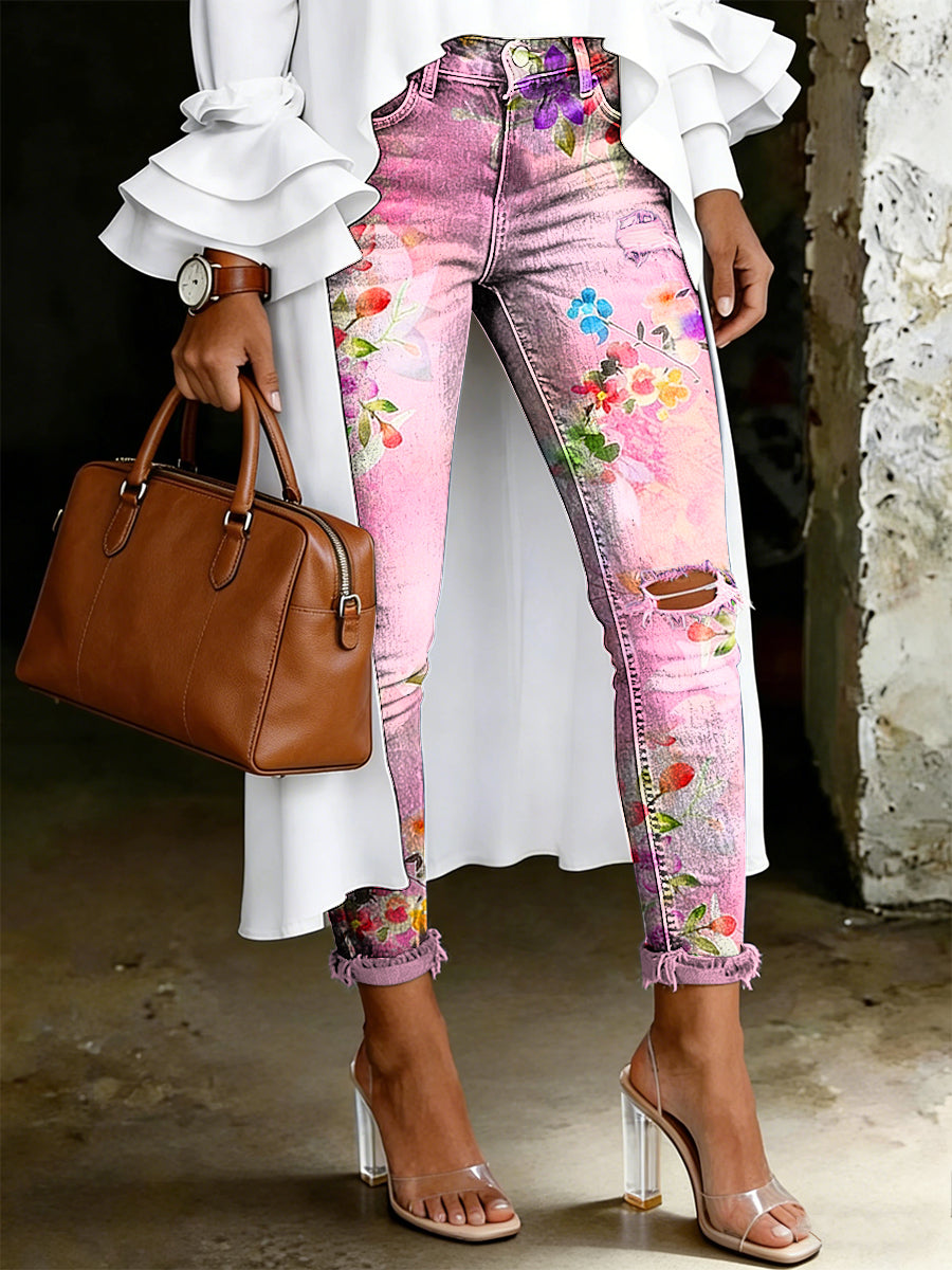Damen-Jeans mit artistischem Blumenmuster