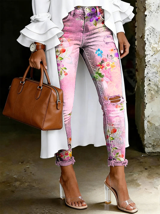 Damen-Jeans mit artistischem Blumenmuster