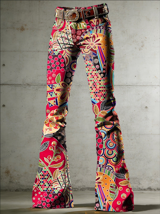 Damenhose mit artistischem Blumenmuster und ausgestelltem Schnitt