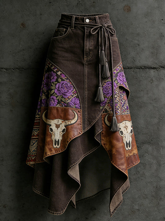 Damen-Western-Rock mit Bullenköpfe-Print, unregelmäßiger Schnitt