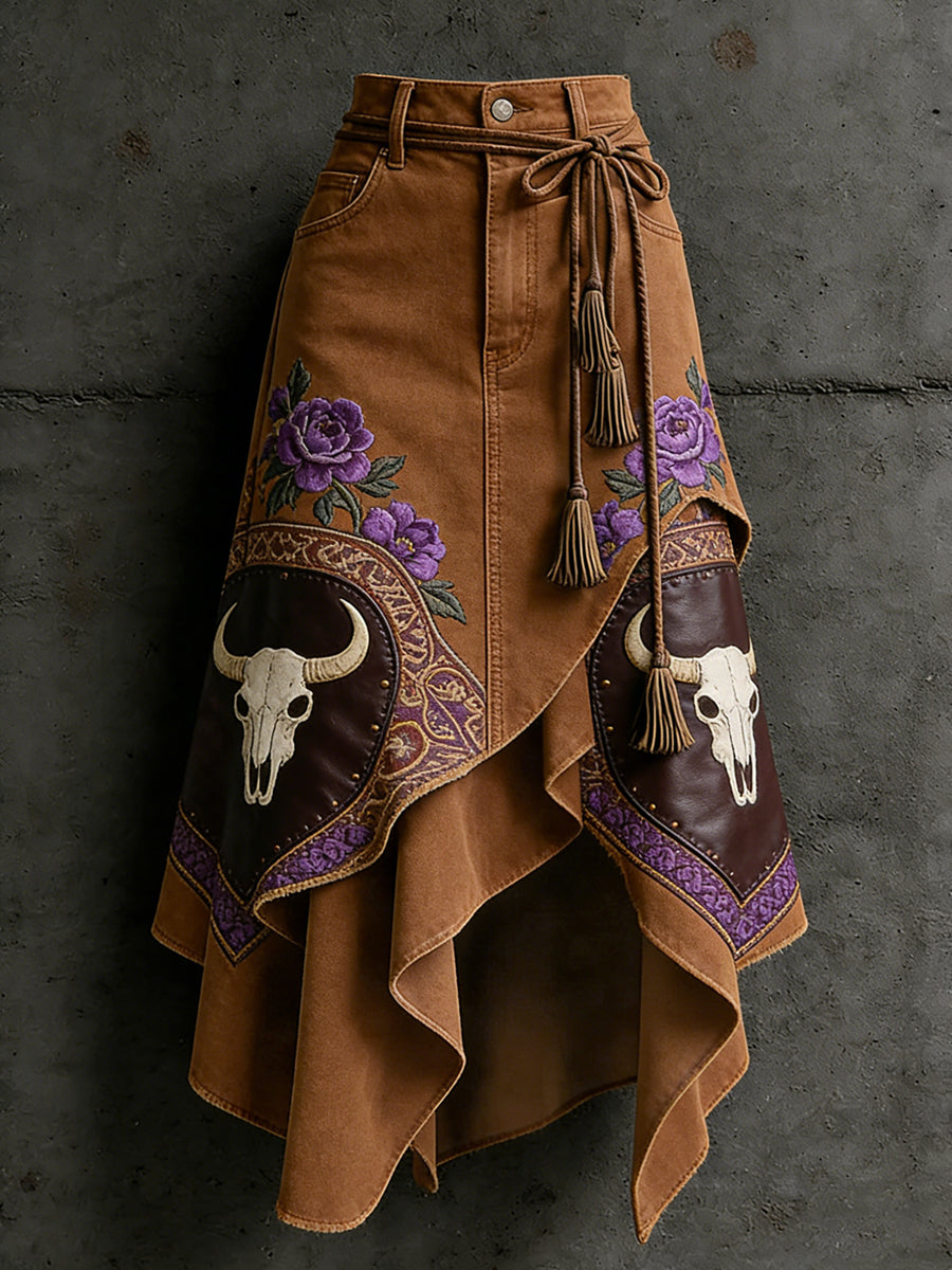 Damen-Western-Rock mit Bullenköpfe-Print, unregelmäßiger Schnitt