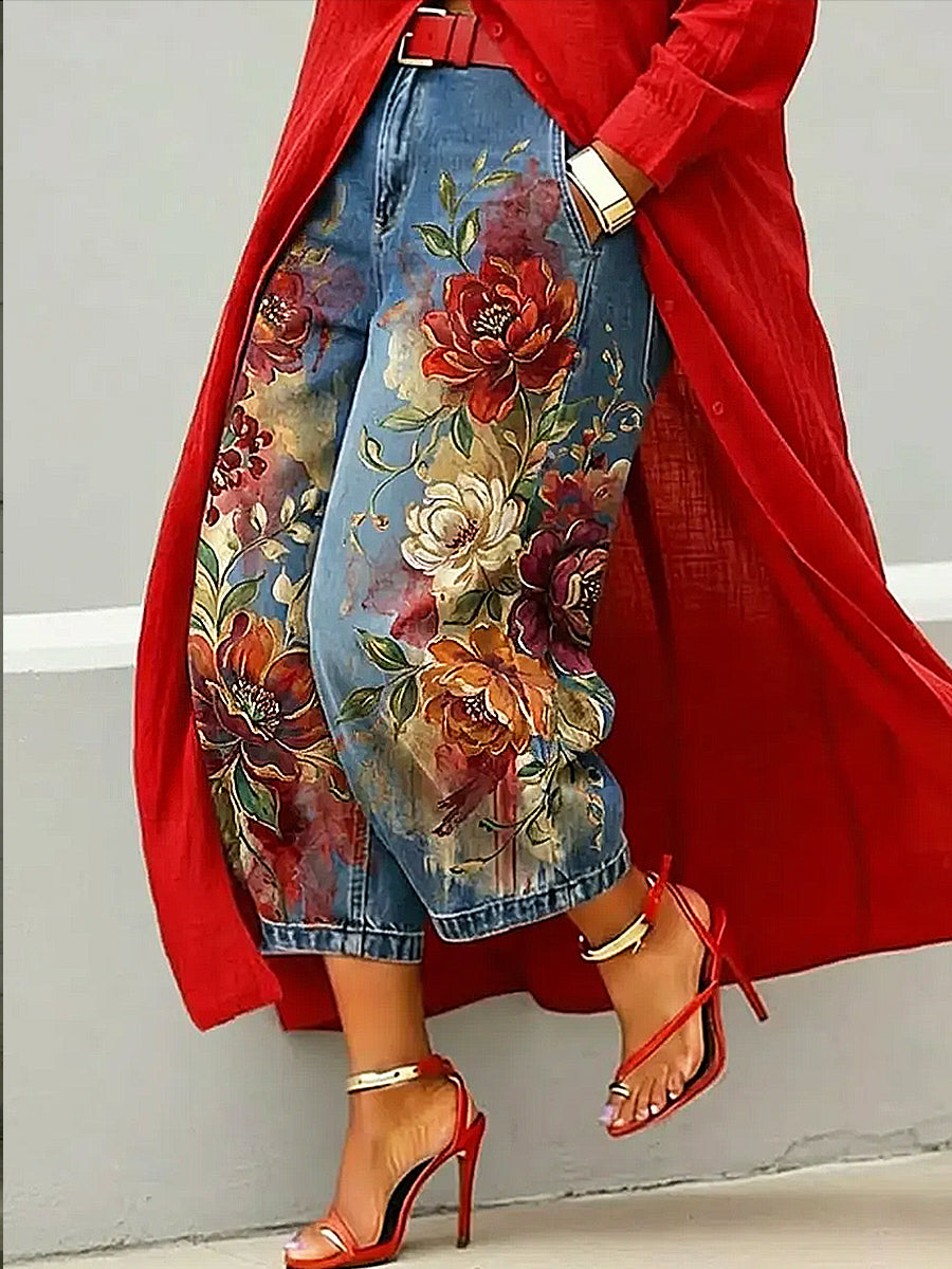 Damen Hose mit Blumen kunst druck