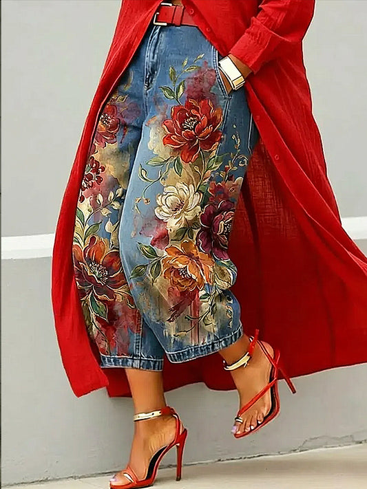 Damen Hose mit Blumen kunst druck