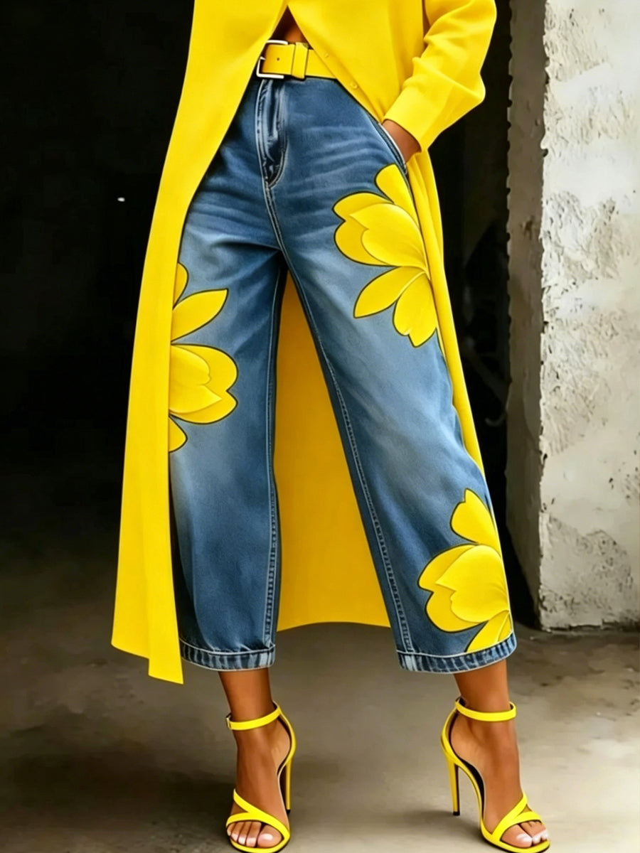 Damenhose mit Blumenkunstdruck