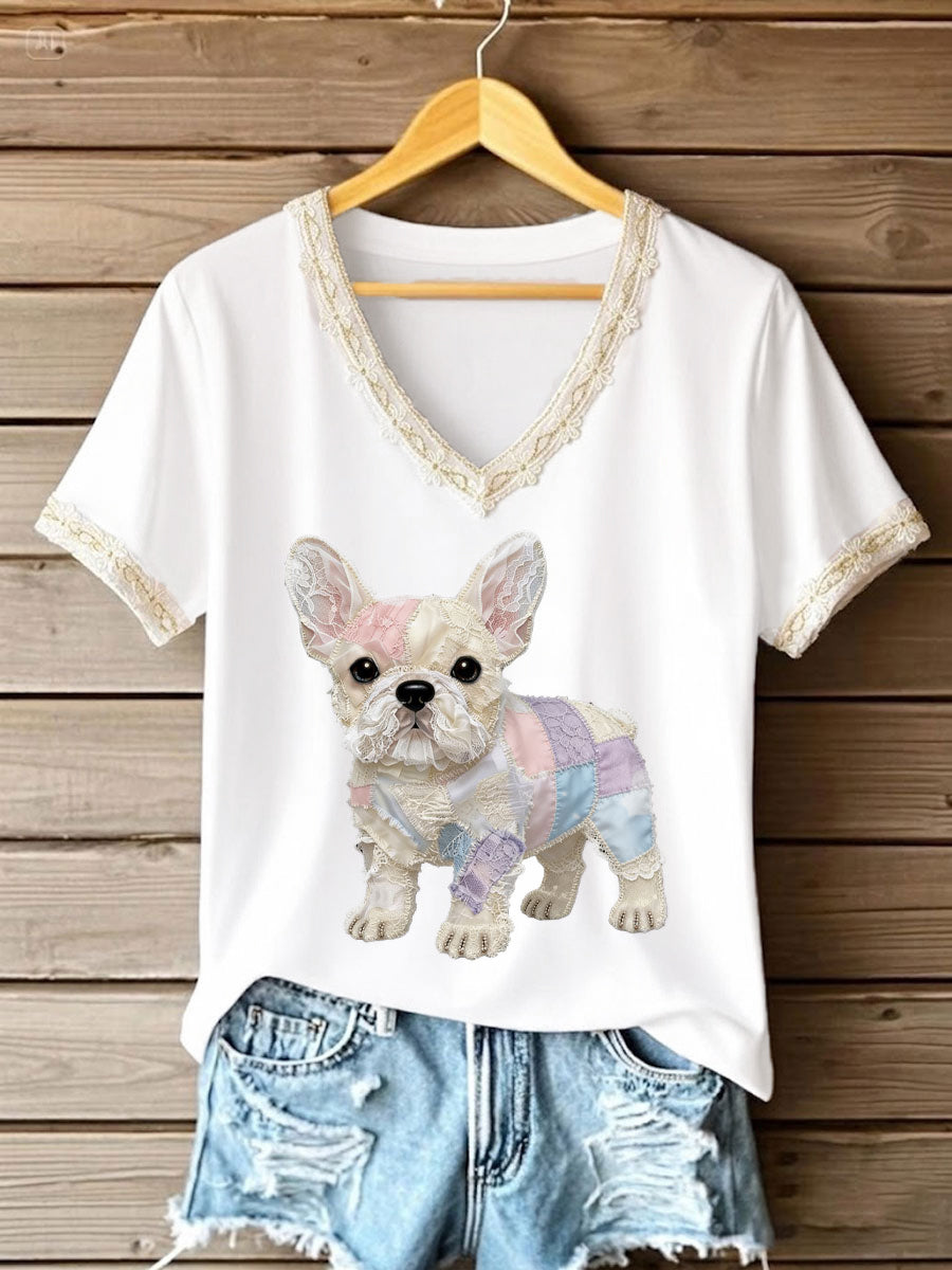 Frauen Kunst Hund Spitze Patchwork Bedrucktes T-Shirt mit V-Ausschnitt