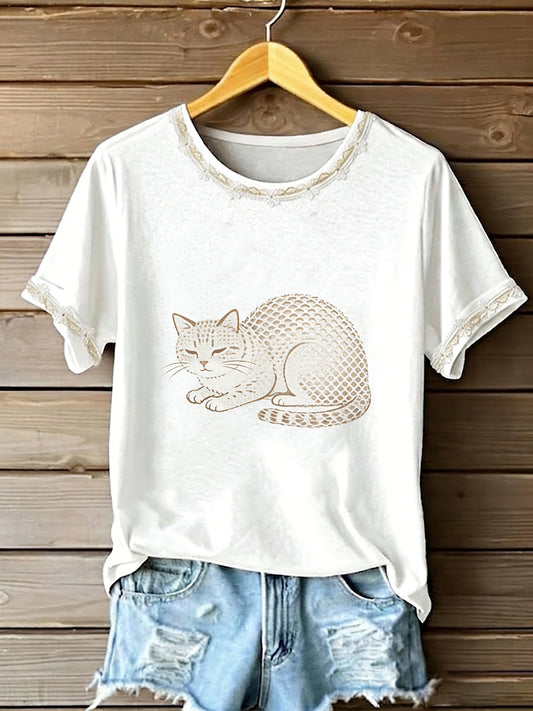 Damen-T-Shirt mit Katzenmotiv und kurzen Ärmeln