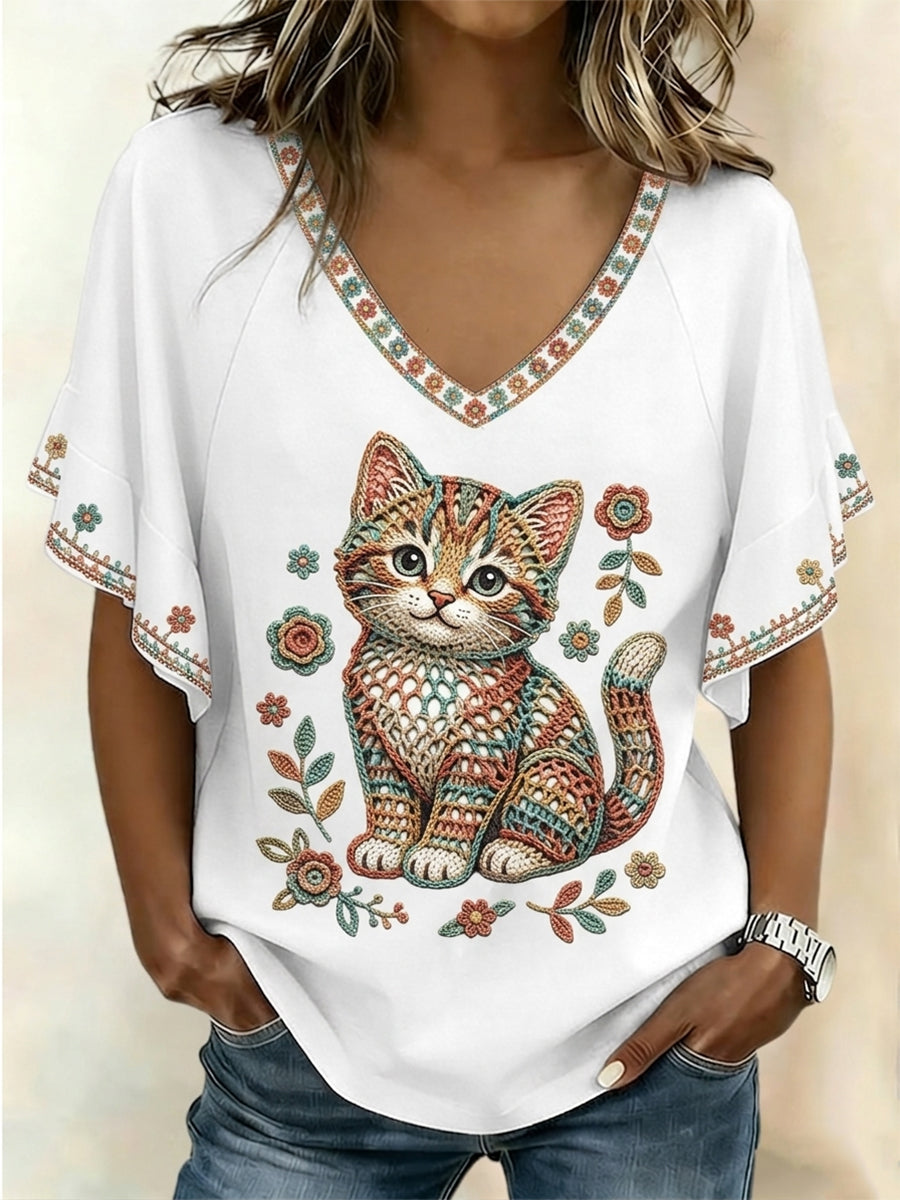 Damen-T-Shirt mit Katzenmotiv und kurzen Ärmeln