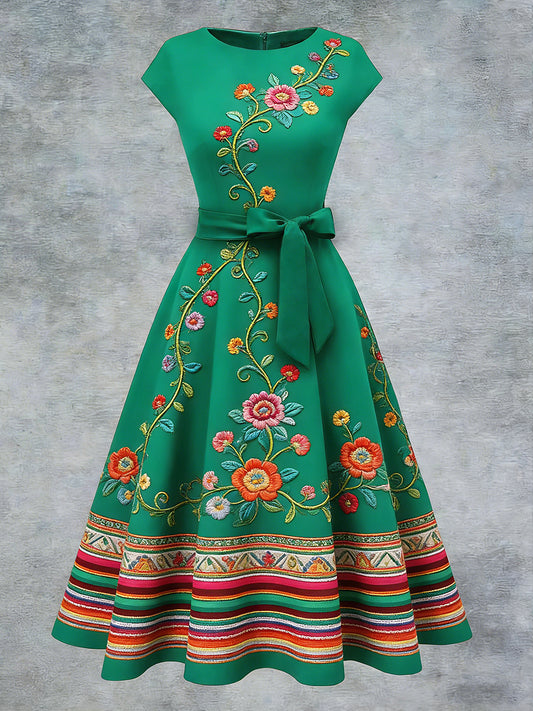 Elegantes, lässiges Damenkleid mit mexikanischem Blumenmotiv, kunstvoll bedruckt, kurze Ärmel