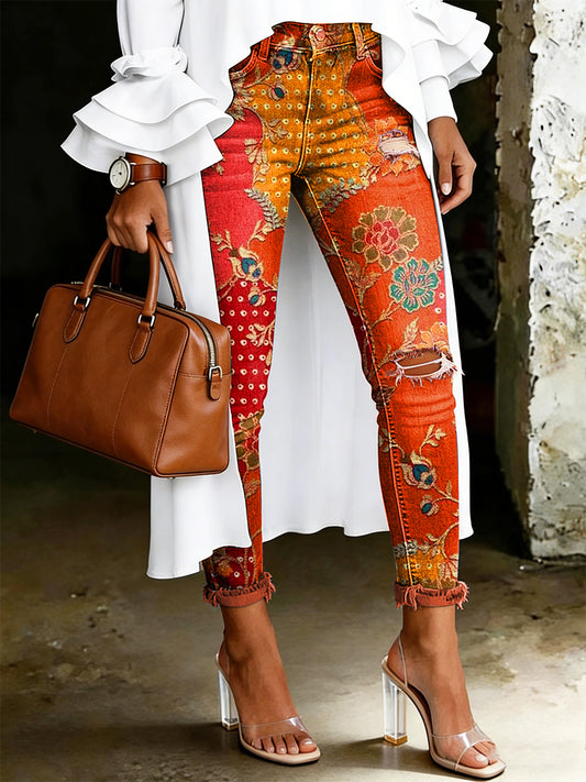 Damen-Jeans mit artistischem Blumenmuster