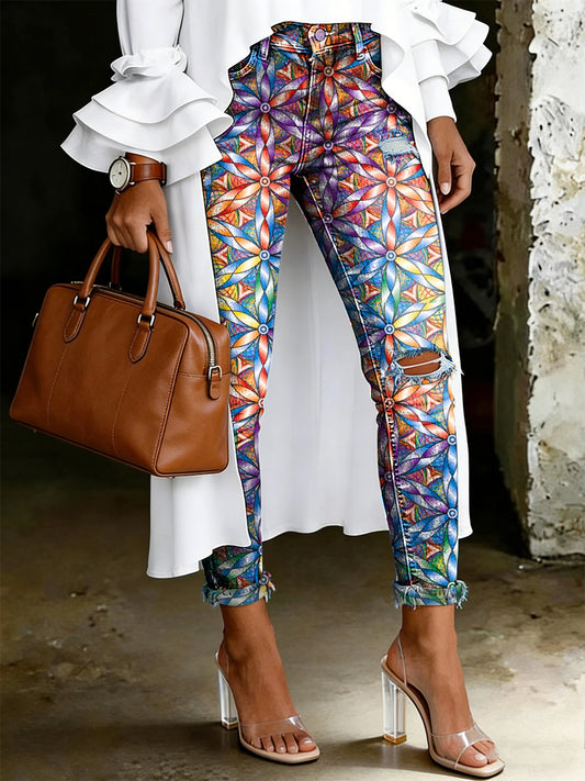 Damen-Jeans mit artistischem Blumenmuster