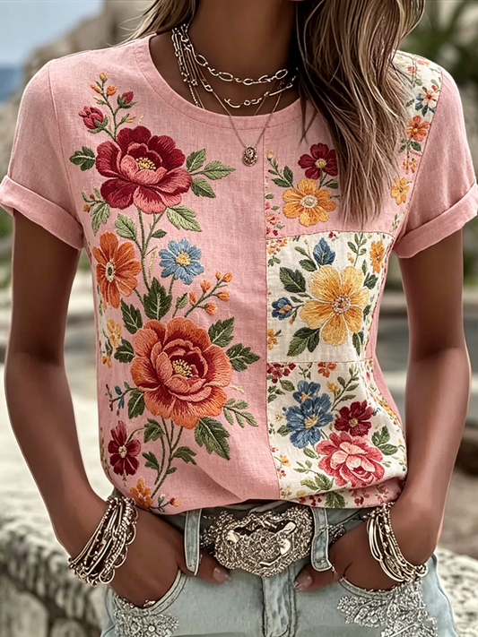 Damen-Kurzarm-T-Shirt aus Leinen mit Blumen druck