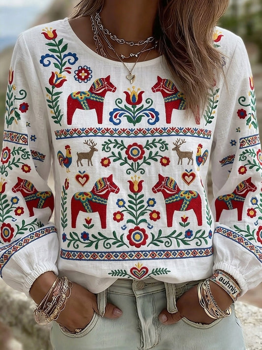 Damen-Retro-schwedische Mittsommer-Folklore-Bluse aus Baumwolle-Leinen mit Blumenmuster